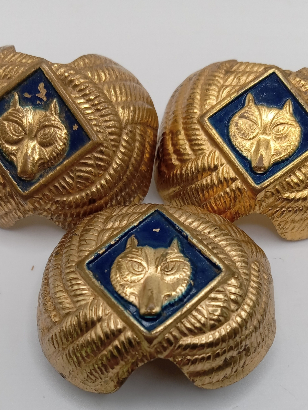 Vintage Lot of 3 Wolf Head Cub Scout Neckerchief Slide Gold Tone and Blue